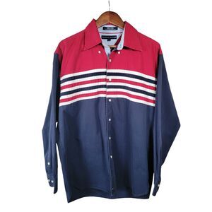 Vtg 00s Tommy Hilfiger‎ Mens Size Large Red White Blue Stripe Button Down Shirt